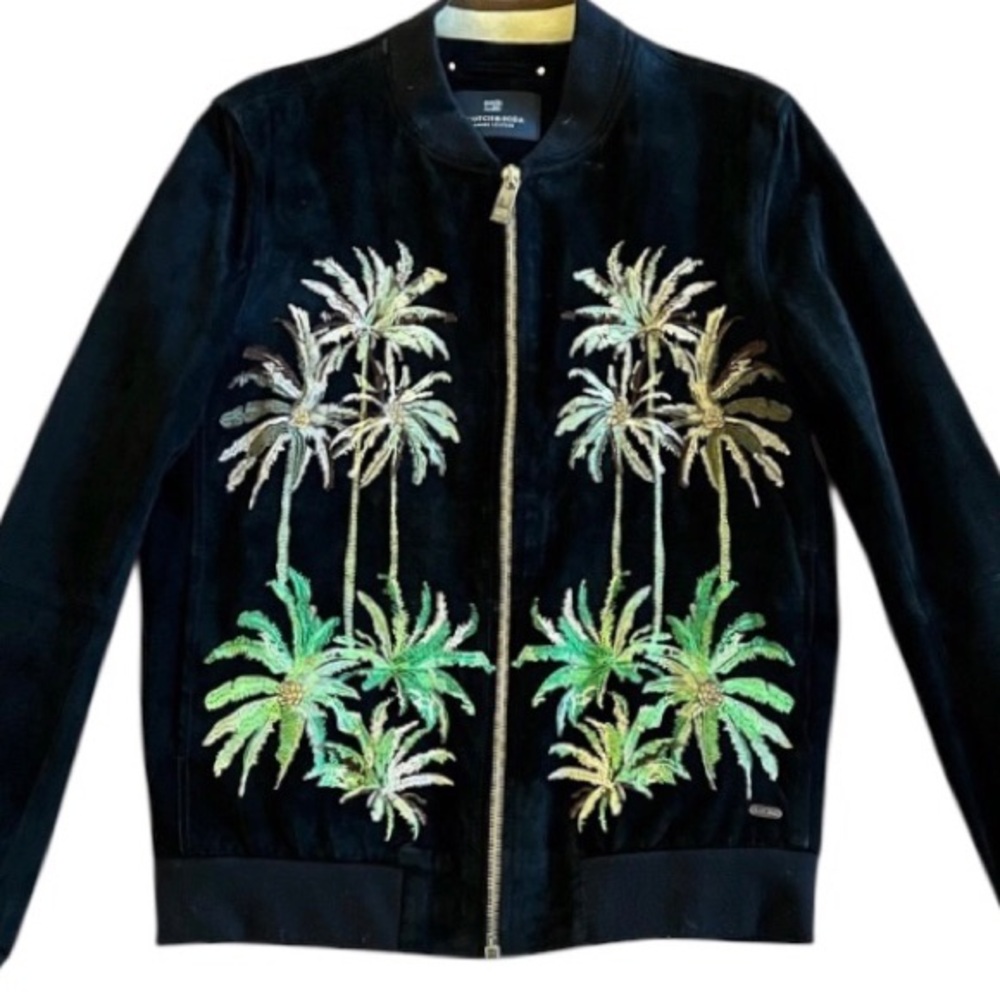 Scotch & Soda Palm Tree Embroidered Suede Bomber Jacket - XXL